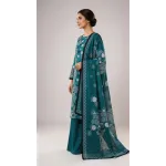 Premium Deep Teal Ocean Blue Printed Lawn 3 Pc Suit - Unstitched Summer Ensemble with Scallop Wave Voile Dupatta & Solid Dyed Trouser