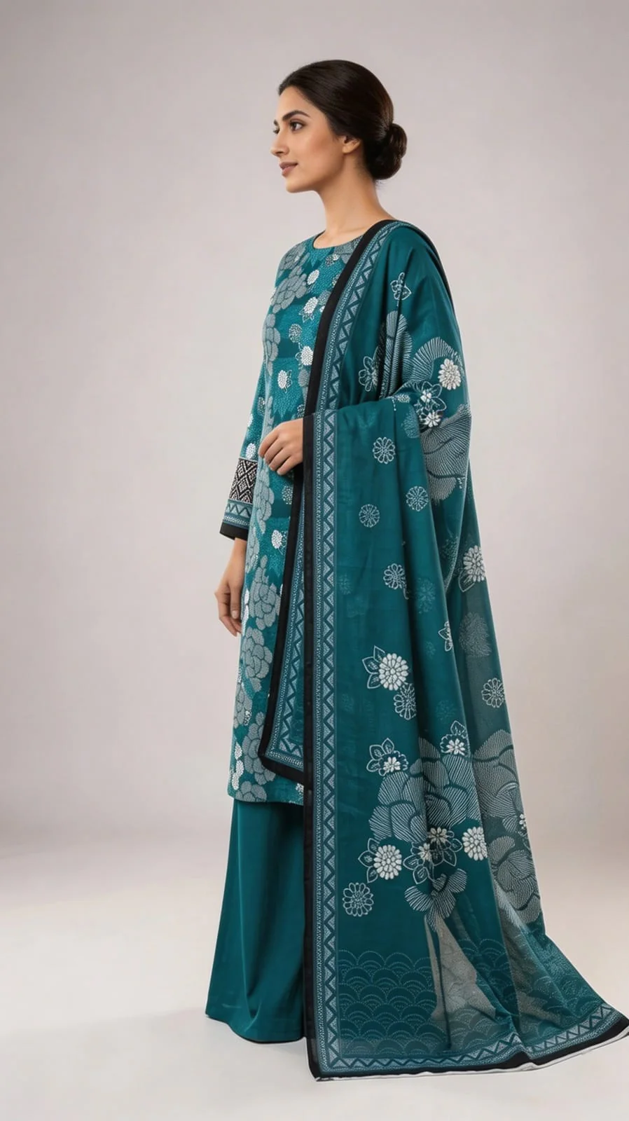 Premium Deep Teal Ocean Blue Printed Lawn 3 Pc Suit - Unstitched Summer Ensemble with Scallop Wave Voile Dupatta & Solid Dyed Trouser