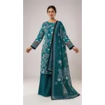 Premium Deep Teal Ocean Blue Printed Lawn 3 Pc Suit - Unstitched Summer Ensemble with Scallop Wave Voile Dupatta & Solid Dyed Trouser