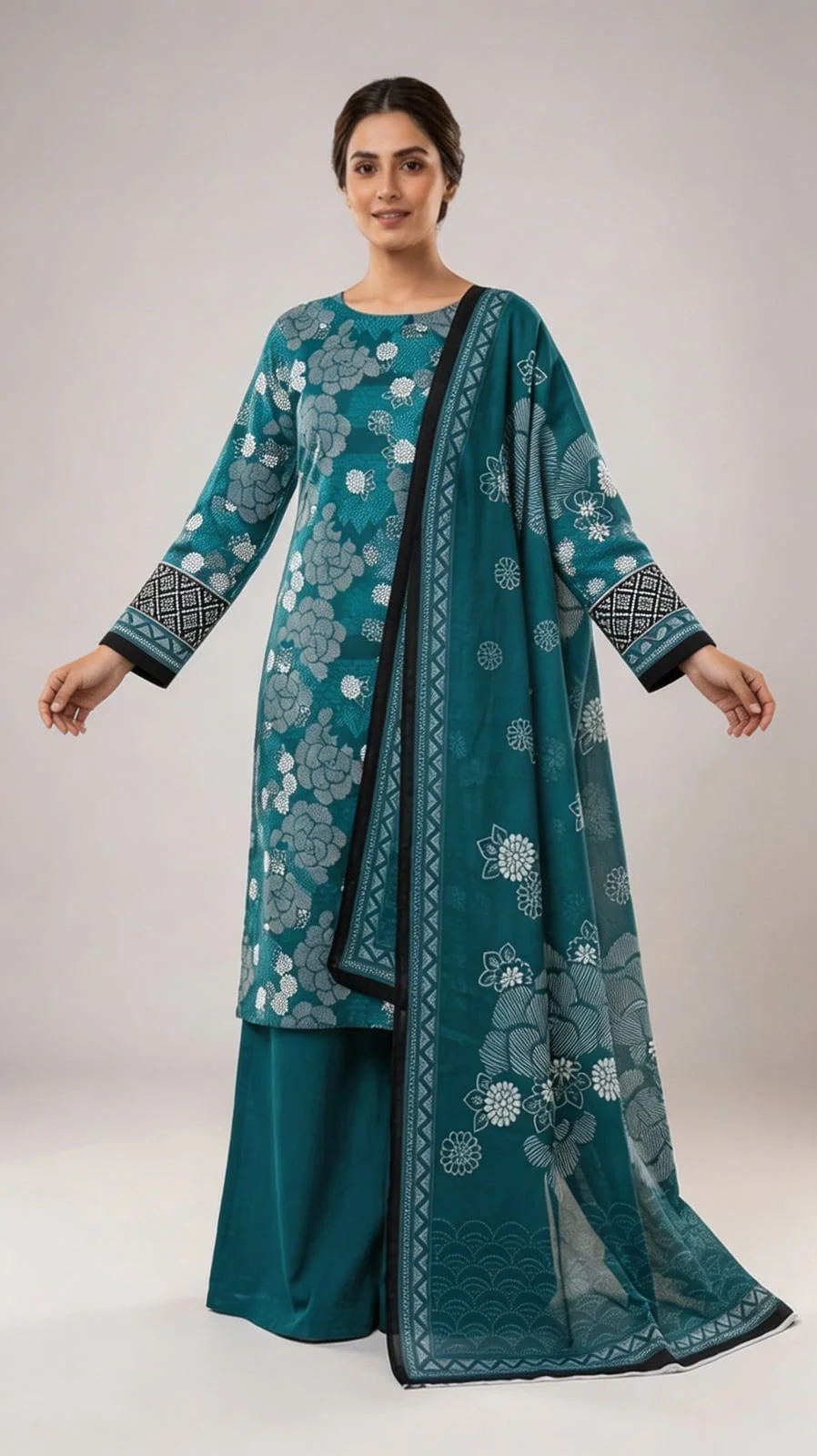 Premium Deep Teal Ocean Blue Printed Lawn 3 Pc Suit - Unstitched Summer Ensemble with Scallop Wave Voile Dupatta & Solid Dyed Trouser