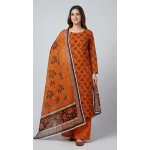 Premium Rust Amber Maple Leaf Printed Lawn 3 Pc Suit - Unstitched Summer Outfit with Grid Pattern Voile Dupatta & Plain Cotton Trouser