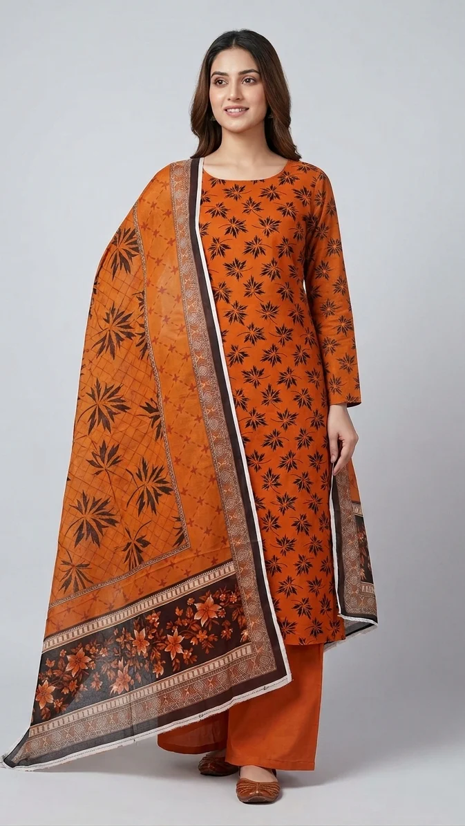 Premium Rust Amber Maple Leaf Printed Lawn 3 Pc Suit - Unstitched Summer Outfit with Grid Pattern Voile Dupatta & Plain Cotton Trouser