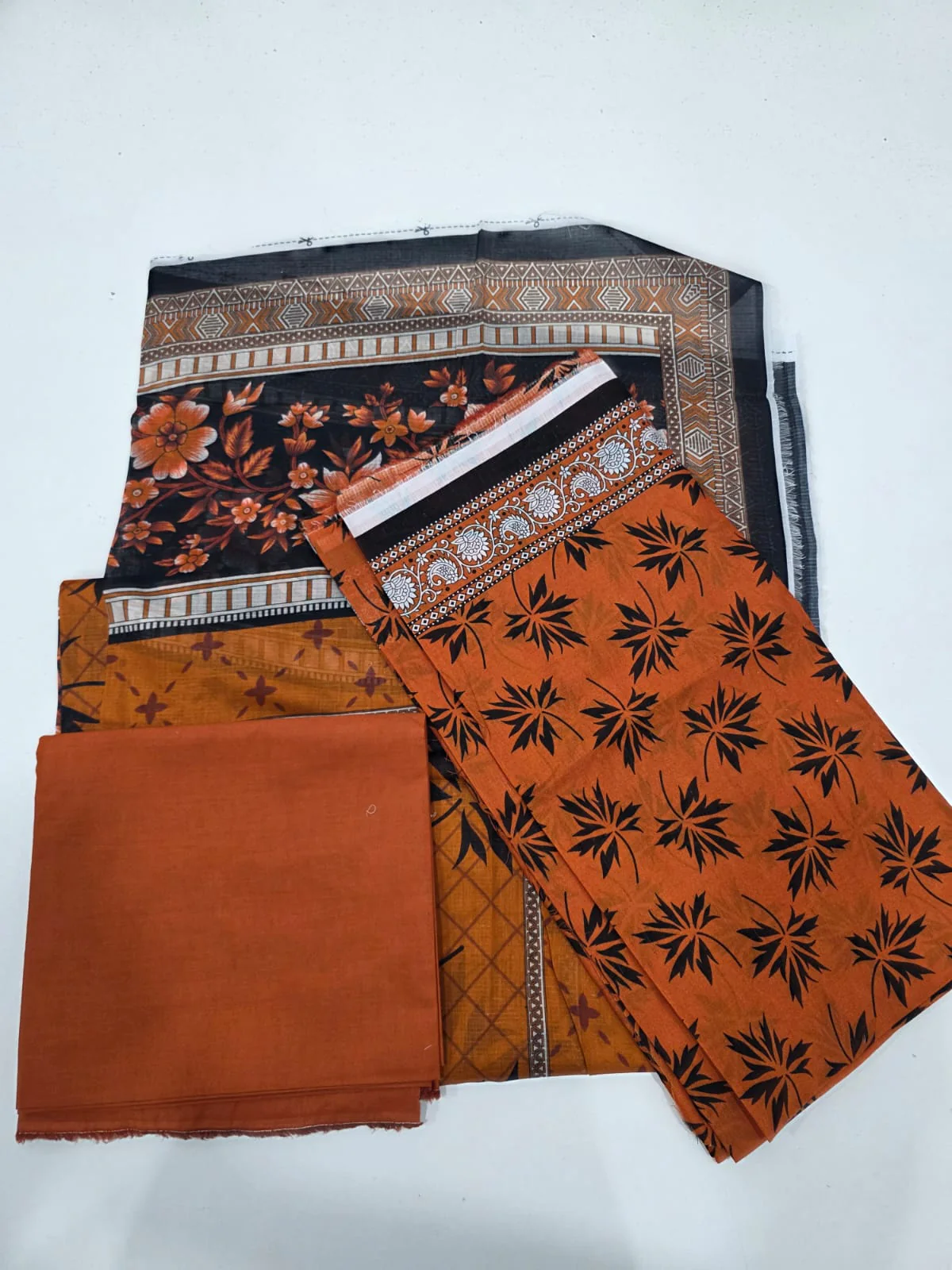 Premium Rust Amber Maple Leaf Printed Lawn 3 Pc Suit - Unstitched Summer Outfit with Grid Pattern Voile Dupatta & Plain Cotton Trouser