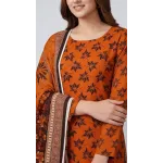Premium Rust Amber Maple Leaf Printed Lawn 3 Pc Suit - Unstitched Summer Outfit with Grid Pattern Voile Dupatta & Plain Cotton Trouser