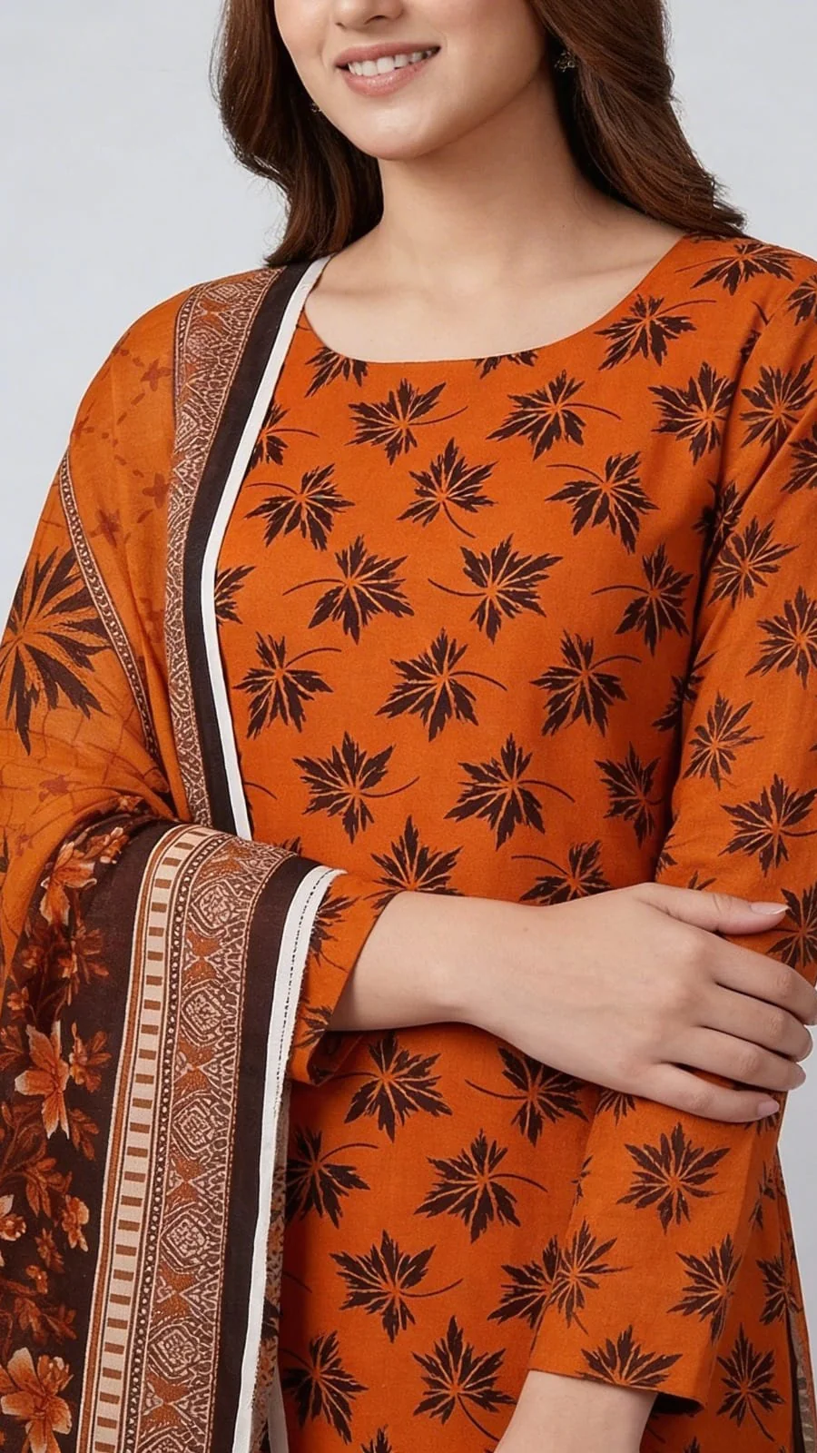 Premium Rust Amber Maple Leaf Printed Lawn 3 Pc Suit - Unstitched Summer Outfit with Grid Pattern Voile Dupatta & Plain Cotton Trouser