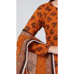 Premium Rust Amber Maple Leaf Printed Lawn 3 Pc Suit - Unstitched Summer Outfit with Grid Pattern Voile Dupatta & Plain Cotton Trouser