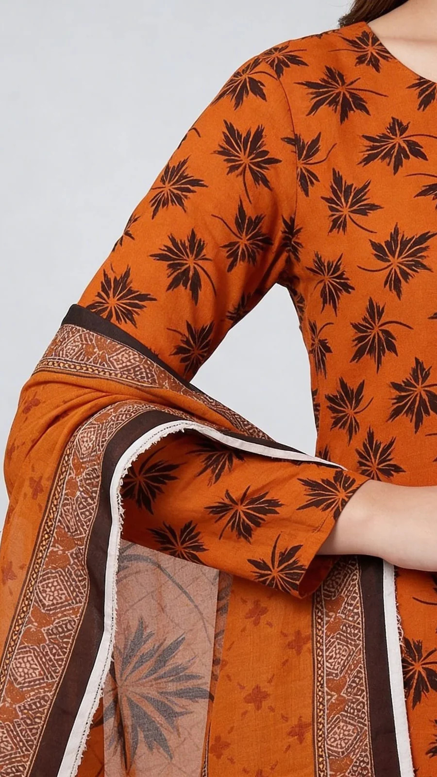 Premium Rust Amber Maple Leaf Printed Lawn 3 Pc Suit - Unstitched Summer Outfit with Grid Pattern Voile Dupatta & Plain Cotton Trouser
