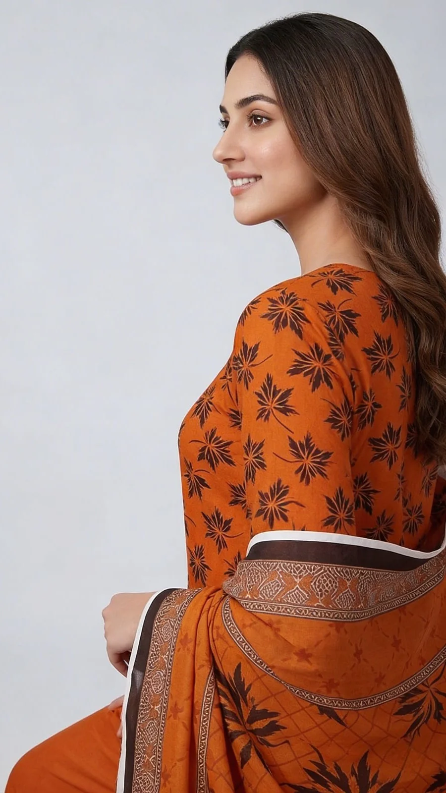Premium Rust Amber Maple Leaf Printed Lawn 3 Pc Suit - Unstitched Summer Outfit with Grid Pattern Voile Dupatta & Plain Cotton Trouser