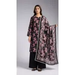 Premium Charcoal Black Midnight Pink Lily Printed Lawn 3 Pc Suit - Unstitched Summer Outfit with Tiger Chevron Striped Voile Dupatta
