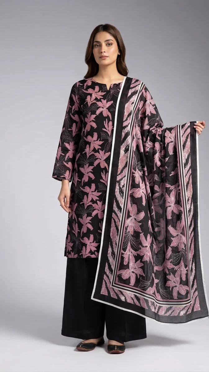Premium Charcoal Black Midnight Pink Lily Printed Lawn 3 Pc Suit - Unstitched Summer Outfit with Tiger Chevron Striped Voile Dupatta