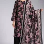 Premium Charcoal Black Midnight Pink Lily Printed Lawn 3 Pc Suit - Unstitched Summer Outfit with Tiger Chevron Striped Voile Dupatta