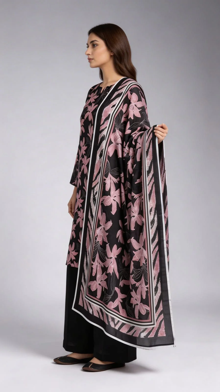 Premium Charcoal Black Midnight Pink Lily Printed Lawn 3 Pc Suit - Unstitched Summer Outfit with Tiger Chevron Striped Voile Dupatta