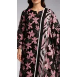 Premium Charcoal Black Midnight Pink Lily Printed Lawn 3 Pc Suit - Unstitched Summer Outfit with Tiger Chevron Striped Voile Dupatta