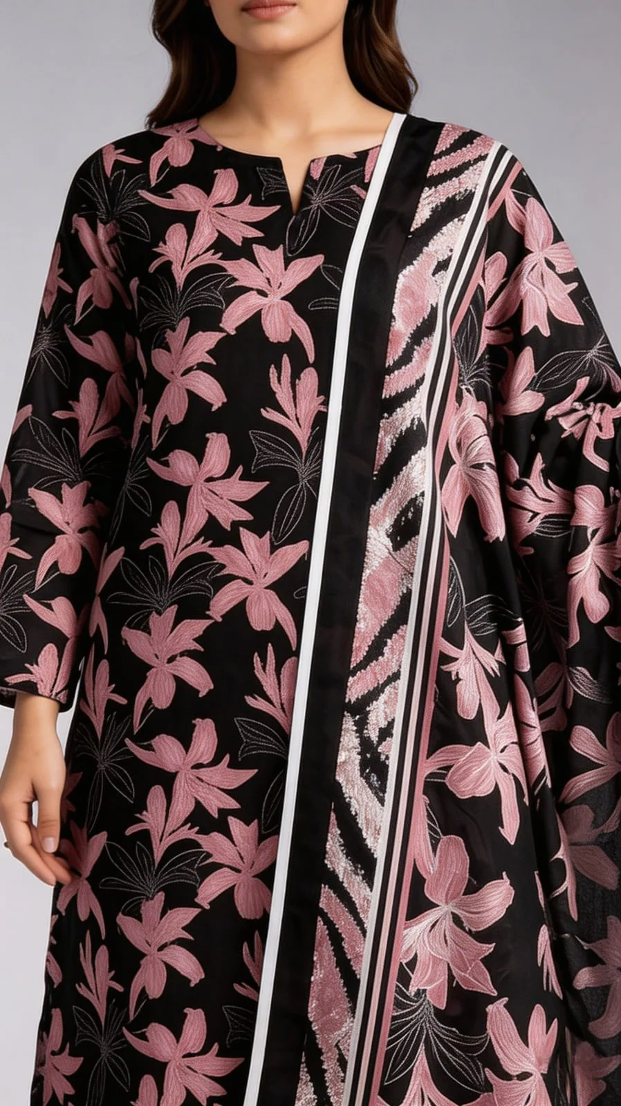 Premium Charcoal Black Midnight Pink Lily Printed Lawn 3 Pc Suit - Unstitched Summer Outfit with Tiger Chevron Striped Voile Dupatta