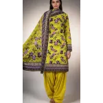Premium Lime Yellow Chartreuse Lavender Rose Printed Lawn 3 Pc Suit - Unstitched Summer Outfit with Zig-Zag Chevron Voile Dupatta