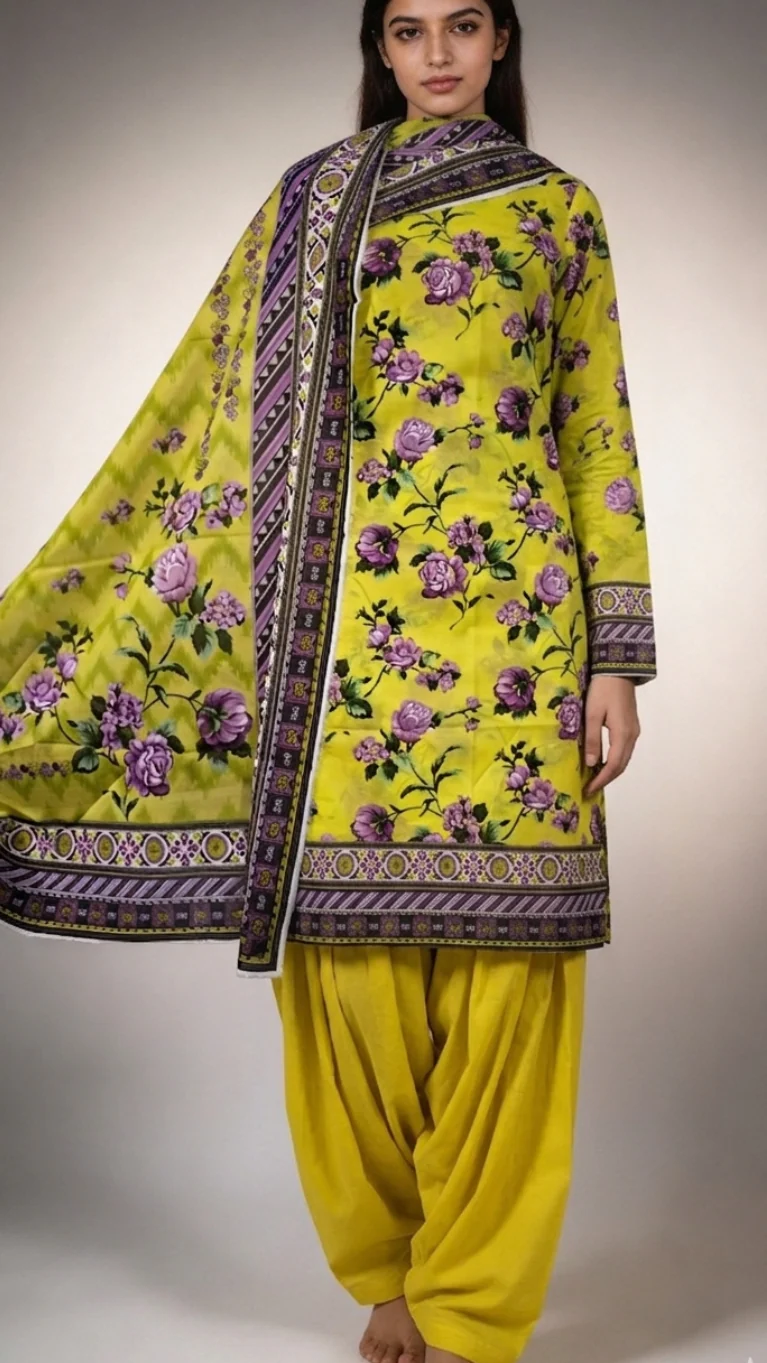 Premium Lime Yellow Chartreuse Lavender Rose Printed Lawn 3 Pc Suit - Unstitched Summer Outfit with Zig-Zag Chevron Voile Dupatta