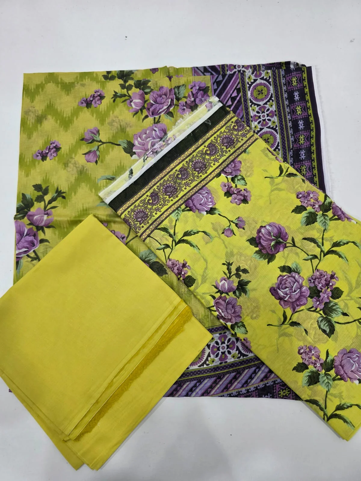 Premium Lime Yellow Chartreuse Lavender Rose Printed Lawn 3 Pc Suit - Unstitched Summer Outfit with Zig-Zag Chevron Voile Dupatta