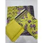 Premium Lime Yellow Chartreuse Lavender Rose Printed Lawn 3 Pc Suit - Unstitched Summer Outfit with Zig-Zag Chevron Voile Dupatta