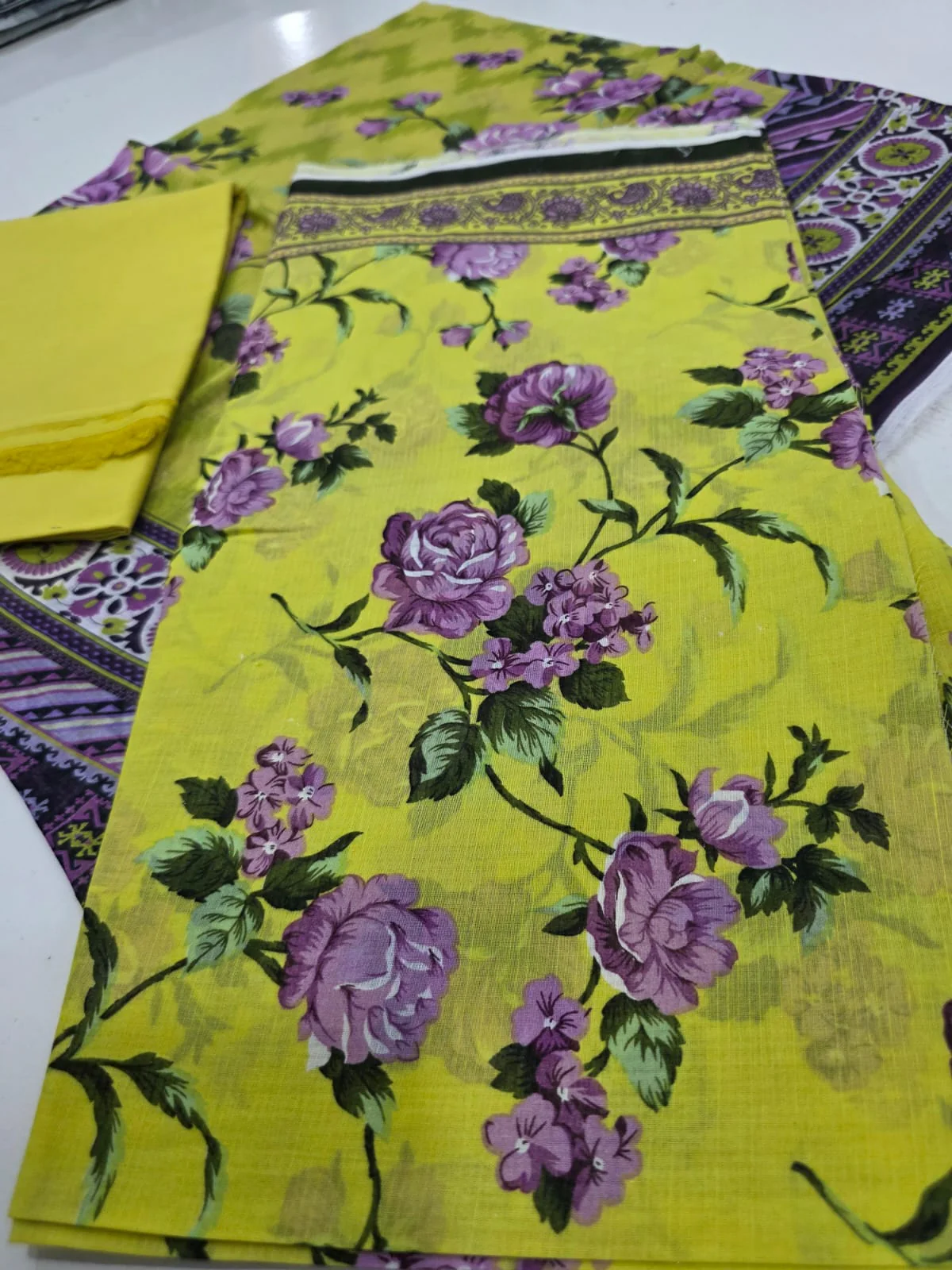 Premium Lime Yellow Chartreuse Lavender Rose Printed Lawn 3 Pc Suit - Unstitched Summer Outfit with Zig-Zag Chevron Voile Dupatta