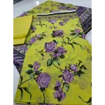 Premium Lime Yellow Chartreuse Lavender Rose Printed Lawn 3 Pc Suit - Unstitched Summer Outfit with Zig-Zag Chevron Voile Dupatta