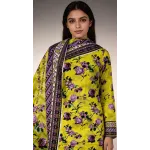 Premium Lime Yellow Chartreuse Lavender Rose Printed Lawn 3 Pc Suit - Unstitched Summer Outfit with Zig-Zag Chevron Voile Dupatta