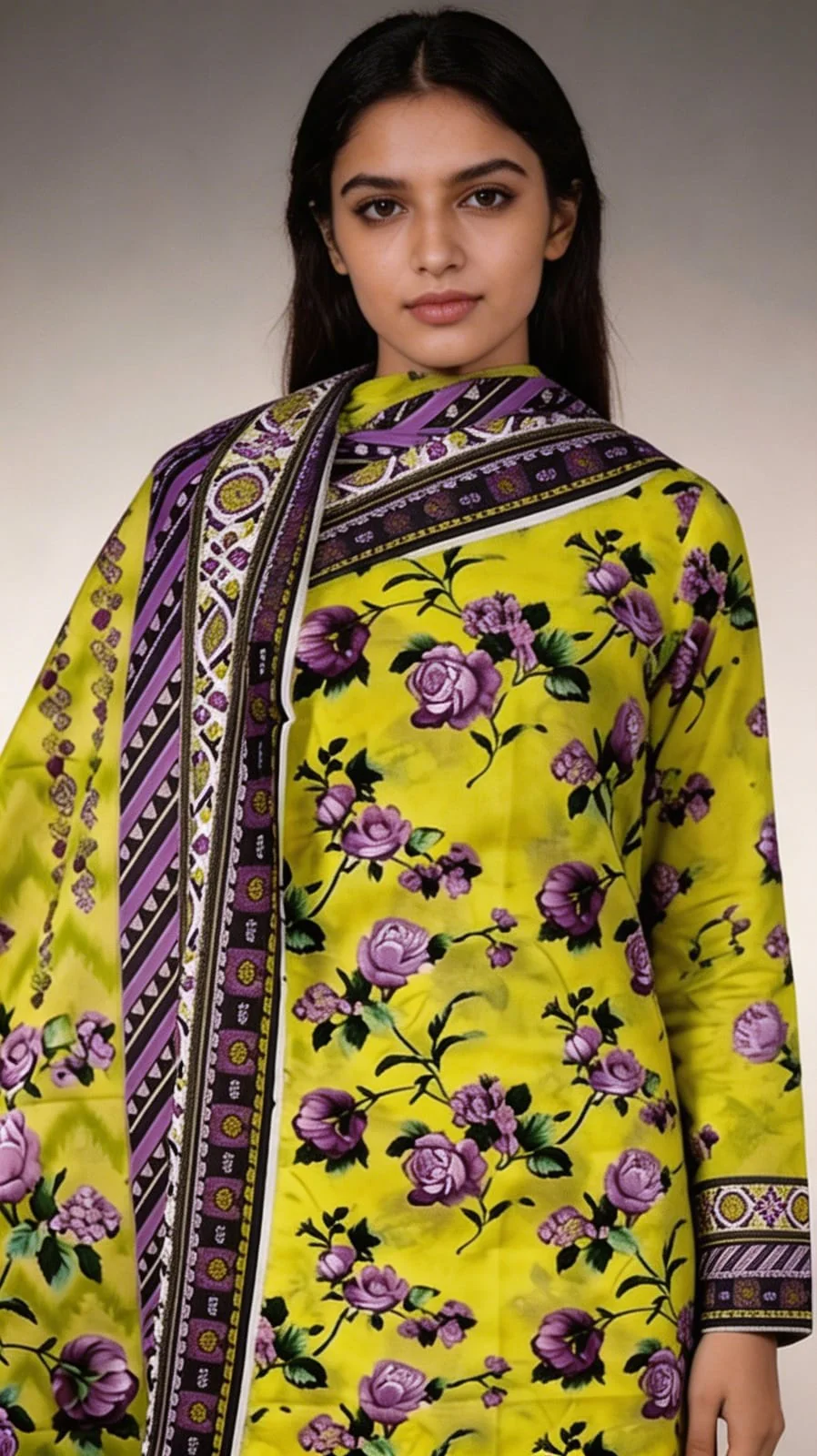 Premium Lime Yellow Chartreuse Lavender Rose Printed Lawn 3 Pc Suit - Unstitched Summer Outfit with Zig-Zag Chevron Voile Dupatta