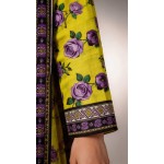 Premium Lime Yellow Chartreuse Lavender Rose Printed Lawn 3 Pc Suit - Unstitched Summer Outfit with Zig-Zag Chevron Voile Dupatta