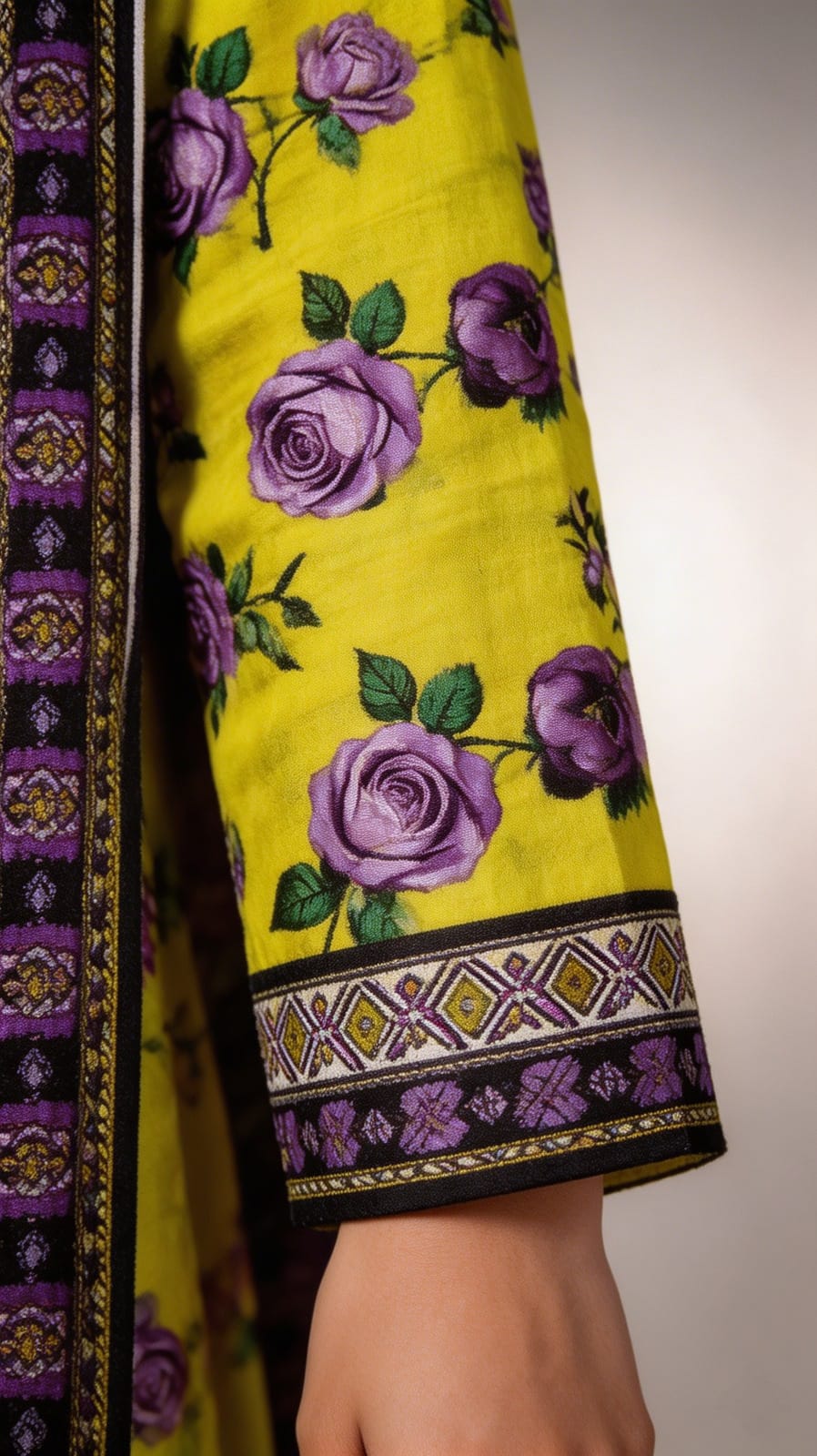 Premium Lime Yellow Chartreuse Lavender Rose Printed Lawn 3 Pc Suit - Unstitched Summer Outfit with Zig-Zag Chevron Voile Dupatta