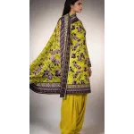 Premium Lime Yellow Chartreuse Lavender Rose Printed Lawn 3 Pc Suit - Unstitched Summer Outfit with Zig-Zag Chevron Voile Dupatta