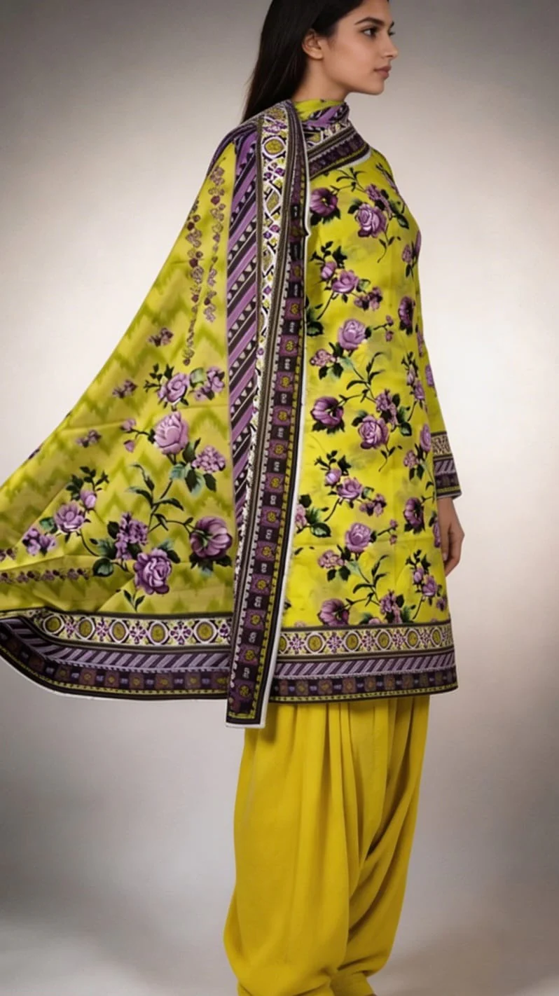 Premium Lime Yellow Chartreuse Lavender Rose Printed Lawn 3 Pc Suit - Unstitched Summer Outfit with Zig-Zag Chevron Voile Dupatta