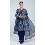Premium Indigo Royal Blue White Floral Printed Lawn 3 Pc Suit - Unstitched Summer Ensemble with Intricate Chain Link Border Voile Dupatta