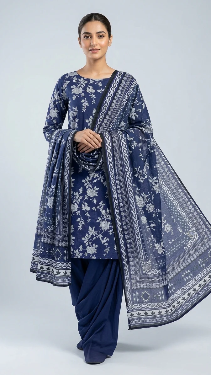 Premium Indigo Royal Blue White Floral Printed Lawn 3 Pc Suit - Unstitched Summer Ensemble with Intricate Chain Link Border Voile Dupatta