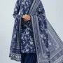 Premium Indigo Royal Blue White Floral Printed Lawn 3 Pc Suit - Unstitched Summer Ensemble with Intricate Chain Link Border Voile Dupatta