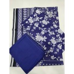 Premium Indigo Royal Blue White Floral Printed Lawn 3 Pc Suit - Unstitched Summer Ensemble with Intricate Chain Link Border Voile Dupatta