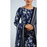 Premium Indigo Royal Blue White Floral Printed Lawn 3 Pc Suit - Unstitched Summer Ensemble with Intricate Chain Link Border Voile Dupatta