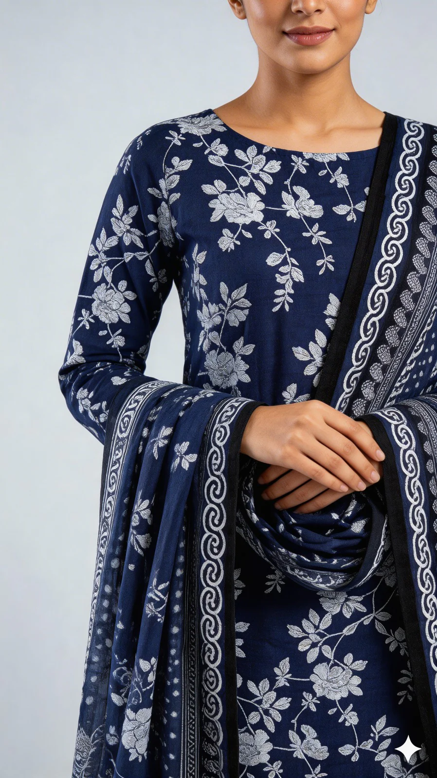 Premium Indigo Royal Blue White Floral Printed Lawn 3 Pc Suit - Unstitched Summer Ensemble with Intricate Chain Link Border Voile Dupatta