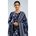 Premium Indigo Royal Blue White Floral Printed Lawn 3 Pc Suit - Unstitched Summer Ensemble with Intricate Chain Link Border Voile Dupatta