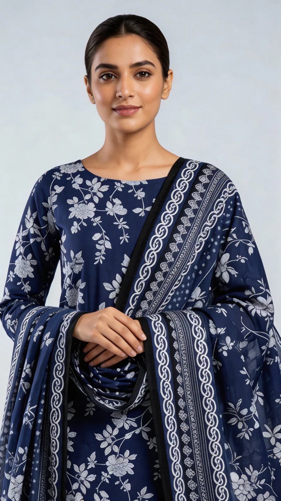 Premium Indigo Royal Blue White Floral Printed Lawn 3 Pc Suit - Unstitched Summer Ensemble with Intricate Chain Link Border Voile Dupatta