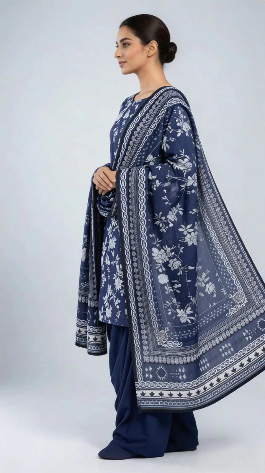 Premium Indigo Royal Blue White Floral Printed Lawn 3 Pc Suit - Unstitched Summer Ensemble with Intricate Chain Link Border Voile Dupatta