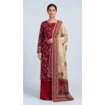 Premium Maroon Crimson Floral Printed Lawn 3 Pc Suit - Unstitched Summer Outfit with Beige Botanical Voile Dupatta & Solid Trouser