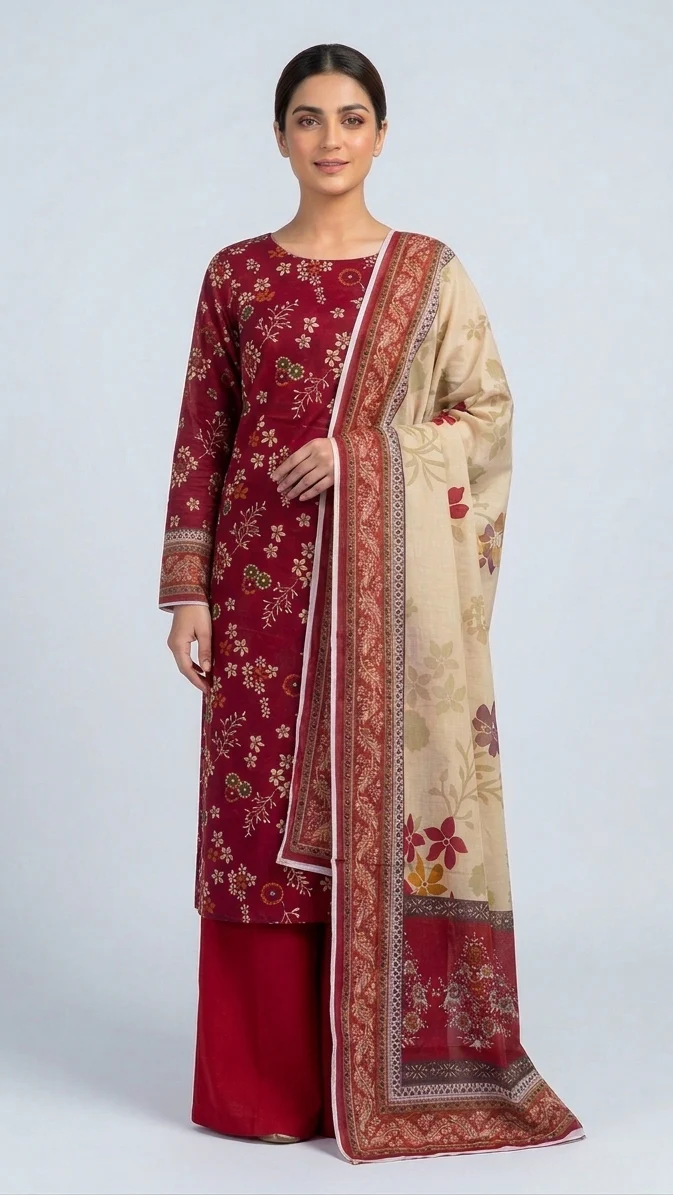 Premium Maroon Crimson Floral Printed Lawn 3 Pc Suit - Unstitched Summer Outfit with Beige Botanical Voile Dupatta & Solid Trouser
