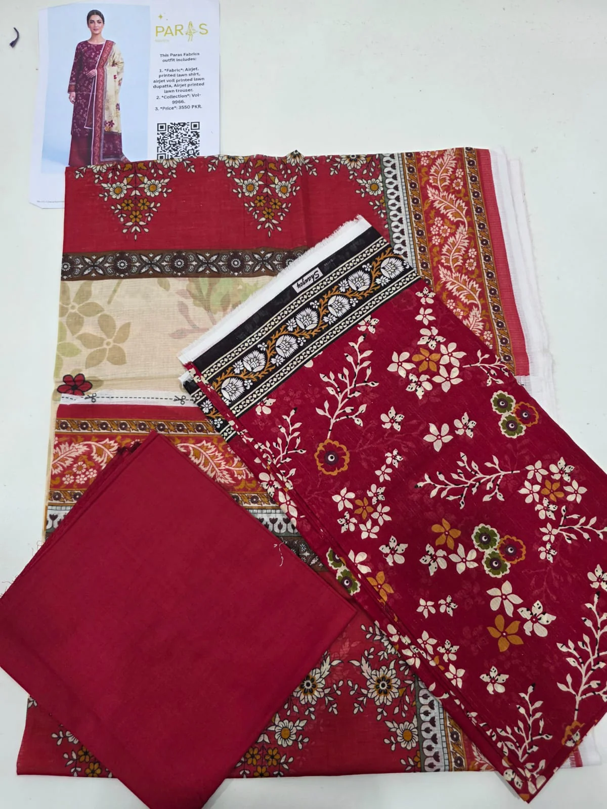 Premium Maroon Crimson Floral Printed Lawn 3 Pc Suit - Unstitched Summer Outfit with Beige Botanical Voile Dupatta & Solid Trouser