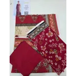Premium Maroon Crimson Floral Printed Lawn 3 Pc Suit - Unstitched Summer Outfit with Beige Botanical Voile Dupatta & Solid Trouser