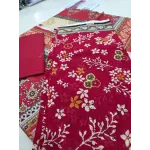 Premium Maroon Crimson Floral Printed Lawn 3 Pc Suit - Unstitched Summer Outfit with Beige Botanical Voile Dupatta & Solid Trouser