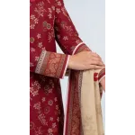 Premium Maroon Crimson Floral Printed Lawn 3 Pc Suit - Unstitched Summer Outfit with Beige Botanical Voile Dupatta & Solid Trouser