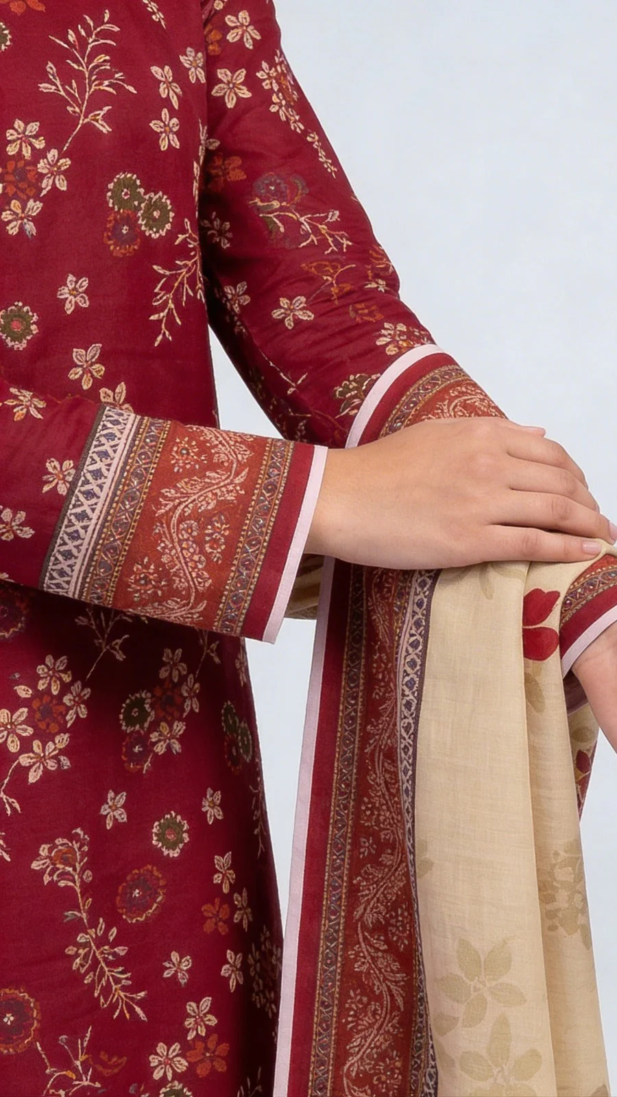 Premium Maroon Crimson Floral Printed Lawn 3 Pc Suit - Unstitched Summer Outfit with Beige Botanical Voile Dupatta & Solid Trouser