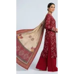 Premium Maroon Crimson Floral Printed Lawn 3 Pc Suit - Unstitched Summer Outfit with Beige Botanical Voile Dupatta & Solid Trouser