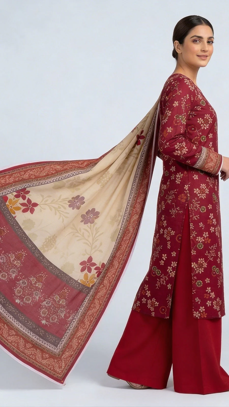 Premium Maroon Crimson Floral Printed Lawn 3 Pc Suit - Unstitched Summer Outfit with Beige Botanical Voile Dupatta & Solid Trouser